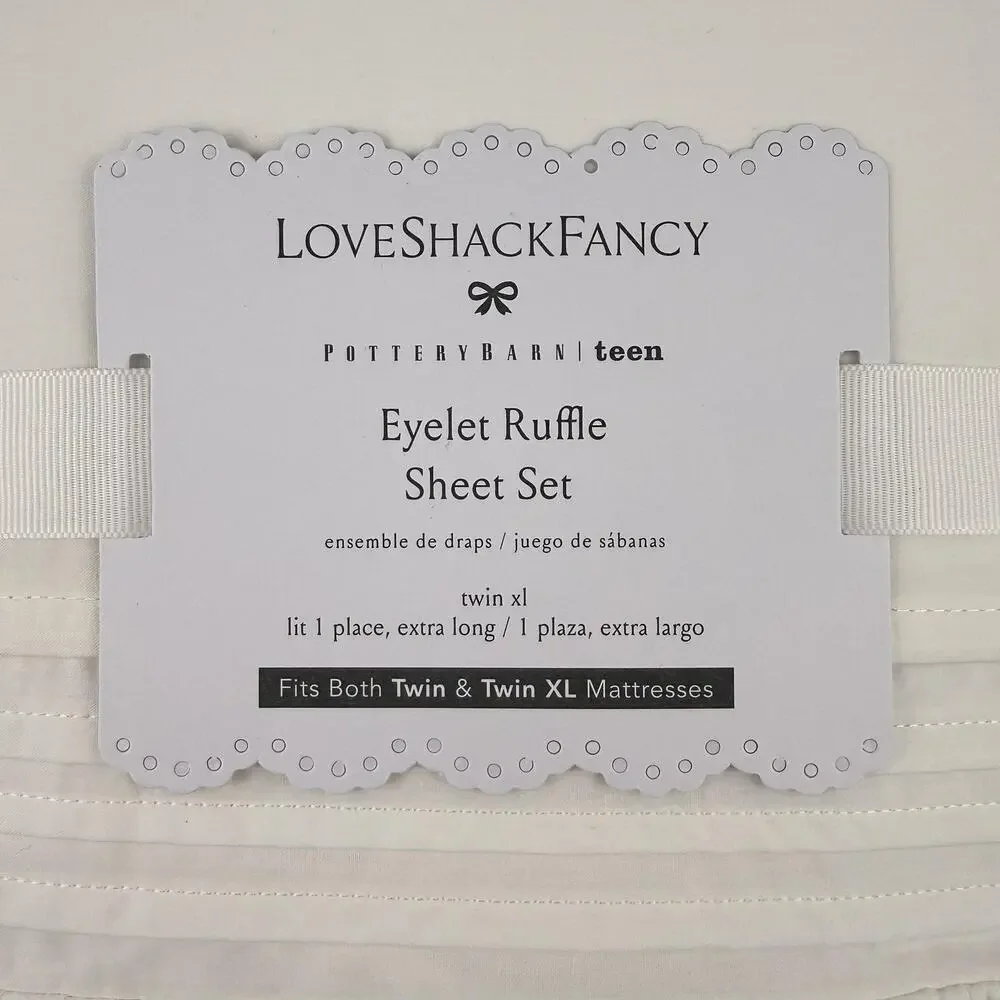 LoveShackFancy X Pottery Barn Teen Eyelet Ruffle Sheet Set TWIN XL White Cotton
